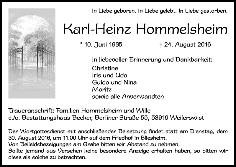  Traueranzeige für Karl Heinz Hommelsheim vom 27.08.2016 aus Kölner Stadt-Anzeiger / Kölnische Rundschau / Express