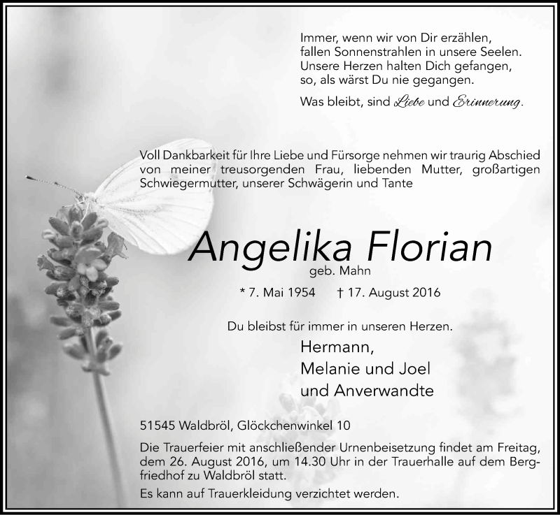  Traueranzeige für Angelika Florian vom 24.08.2016 aus Kölner Stadt-Anzeiger / Kölnische Rundschau / Express