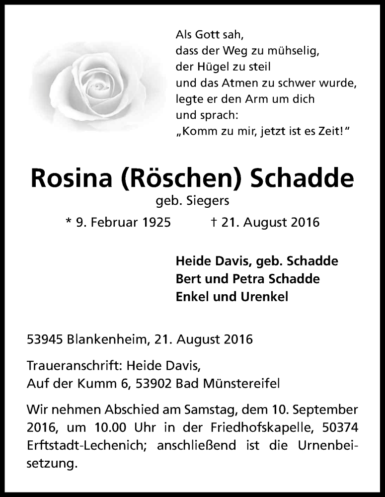  Traueranzeige für Rosina Schadde vom 30.08.2016 aus Kölner Stadt-Anzeiger / Kölnische Rundschau / Express