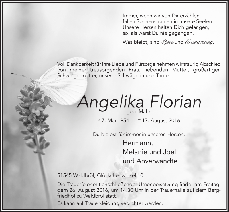  Traueranzeige für Angelika Florian vom 24.08.2016 aus  Lokalanzeiger 