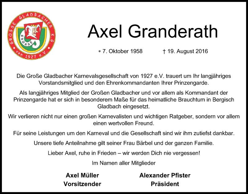  Traueranzeige für Axel Granderath vom 27.08.2016 aus Kölner Stadt-Anzeiger / Kölnische Rundschau / Express