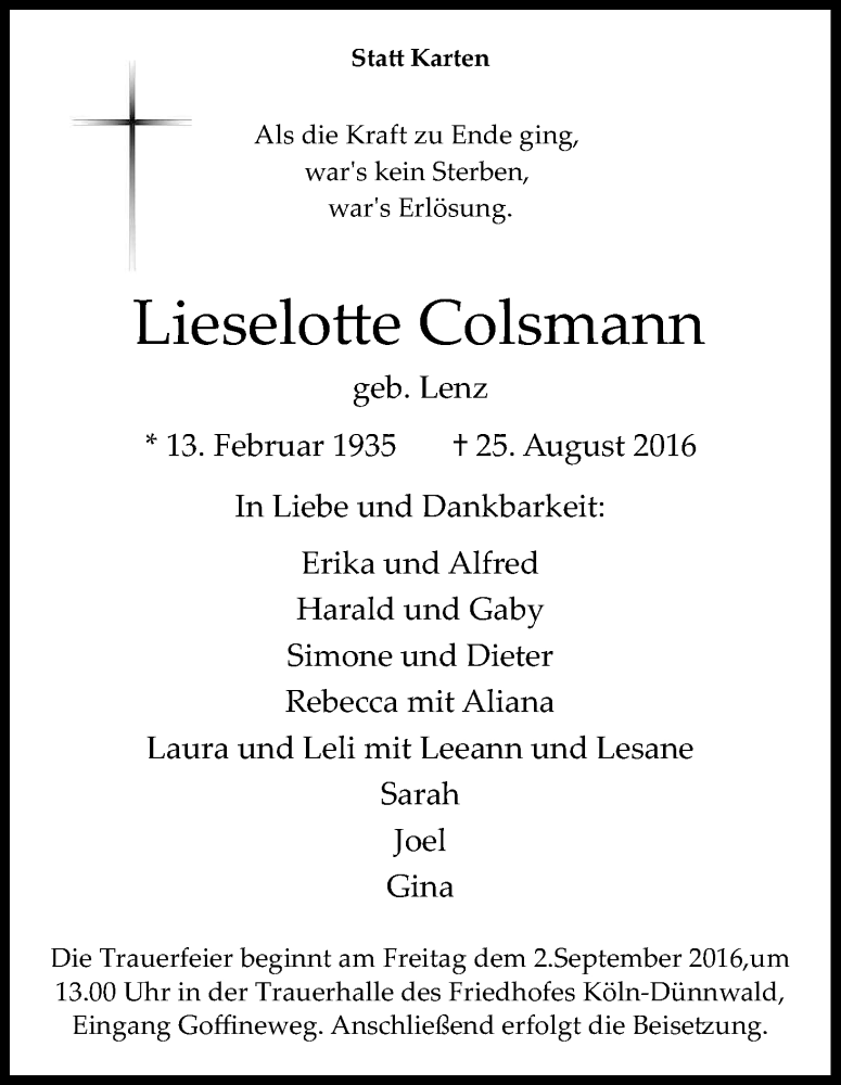  Traueranzeige für Lieselotte Colsmann vom 27.08.2016 aus Kölner Stadt-Anzeiger / Kölnische Rundschau / Express