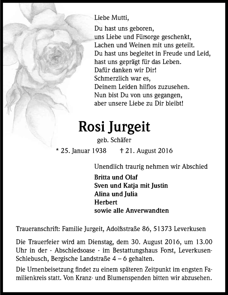  Traueranzeige für Rosi Jurgeit vom 25.08.2016 aus Kölner Stadt-Anzeiger / Kölnische Rundschau / Express