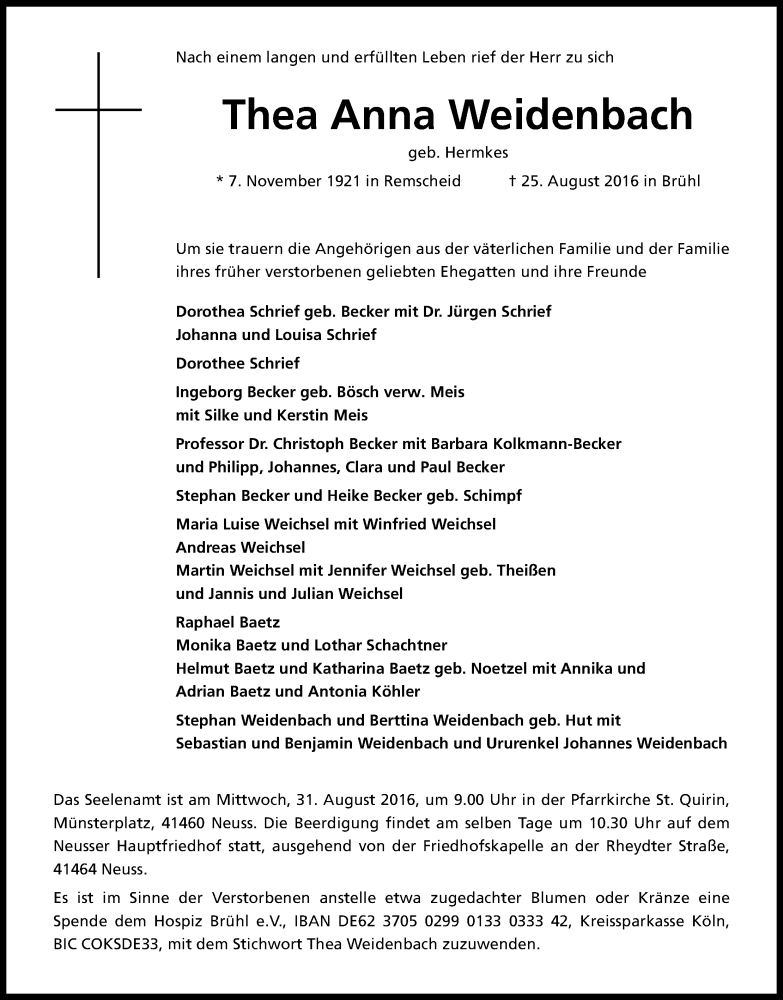  Traueranzeige für Thea Anna Weidenbach vom 30.08.2016 aus Kölner Stadt-Anzeiger / Kölnische Rundschau / Express