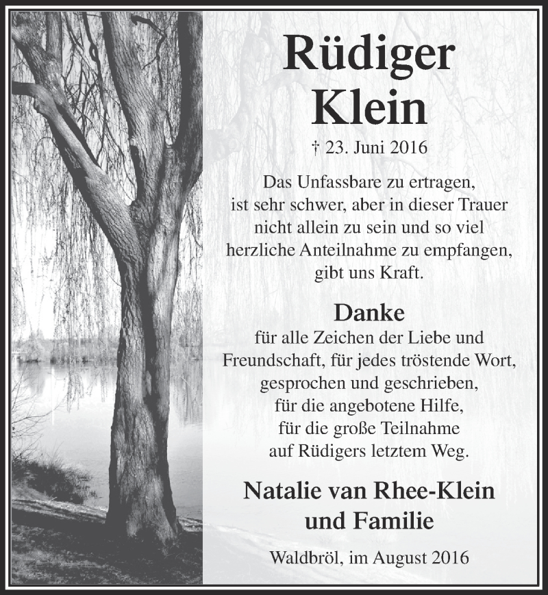  Traueranzeige für Rüdiger Klein vom 10.08.2016 aus  Lokalanzeiger 