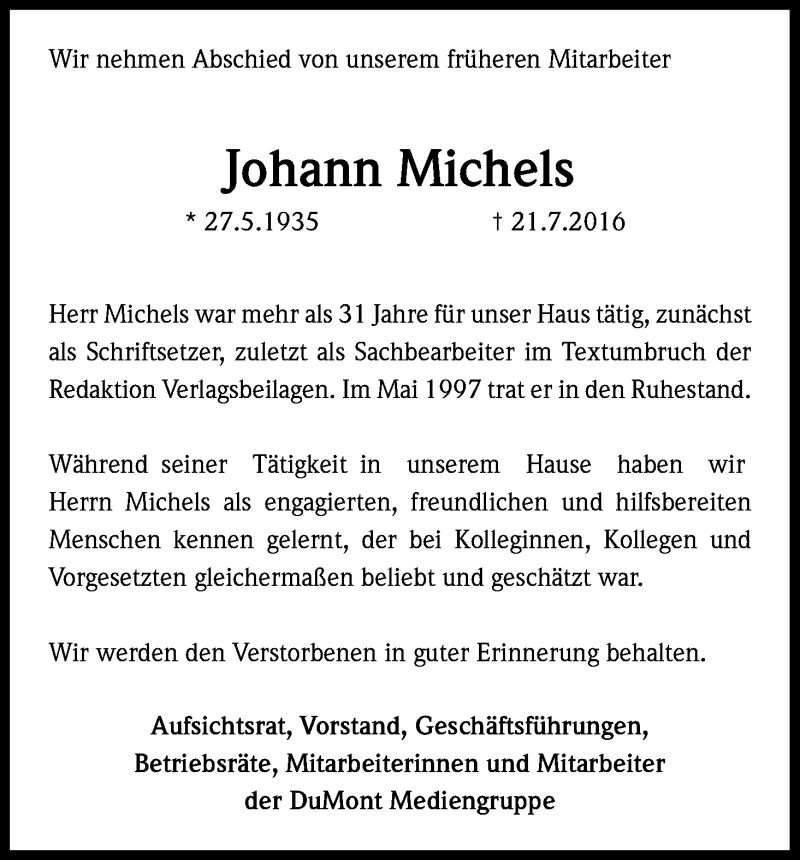  Traueranzeige für Johann Michels vom 24.08.2016 aus Kölner Stadt-Anzeiger / Kölnische Rundschau / Express