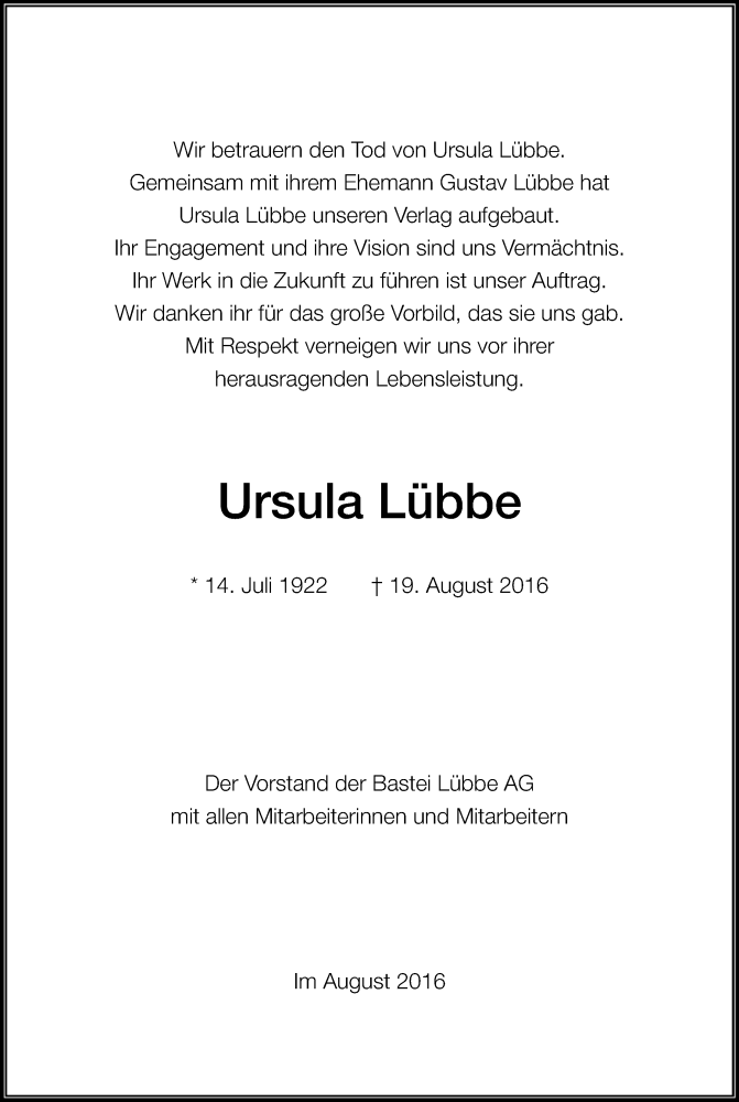  Traueranzeige für Ursula Lübbe vom 24.08.2016 aus Kölner Stadt-Anzeiger / Kölnische Rundschau / Express