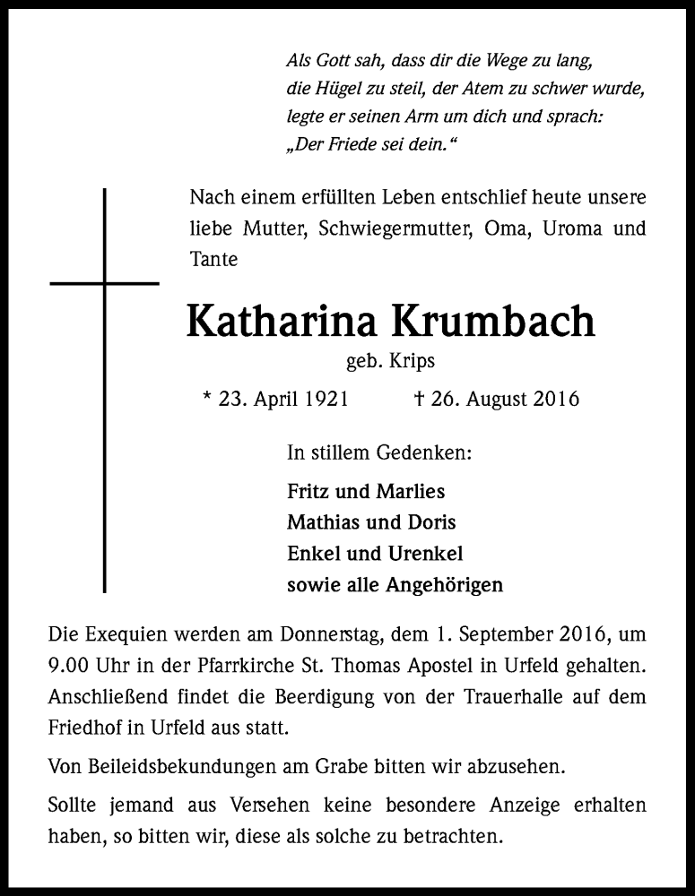  Traueranzeige für Katharina Krumbach vom 29.08.2016 aus Kölner Stadt-Anzeiger / Kölnische Rundschau / Express