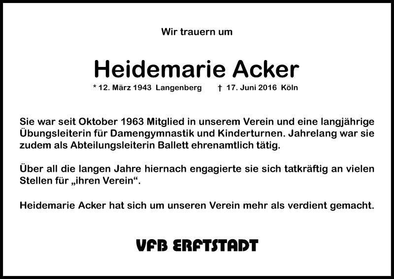 Traueranzeige für Heidemarie Acker vom 13.07.2016 aus Kölner Stadt-Anzeiger / Kölnische Rundschau / Express