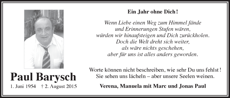  Traueranzeige für Paul Barysch vom 03.08.2016 aus  Bergisches Handelsblatt 