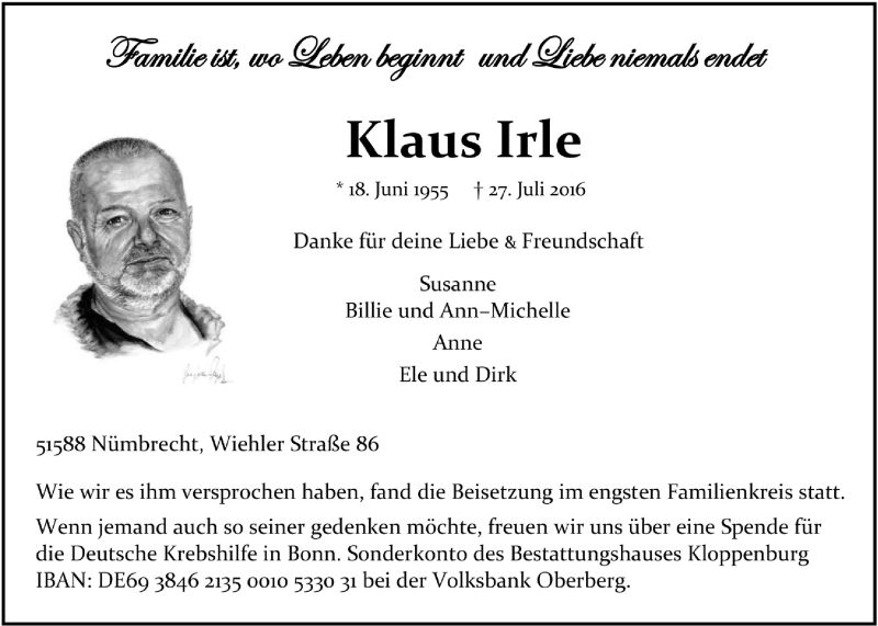  Traueranzeige für Klaus Irle vom 03.08.2016 aus  Anzeigen Echo  Lokalanzeiger 
