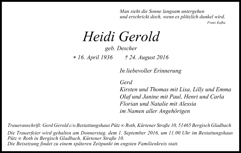  Traueranzeige für Heidi Gerold vom 29.08.2016 aus Kölner Stadt-Anzeiger / Kölnische Rundschau / Express