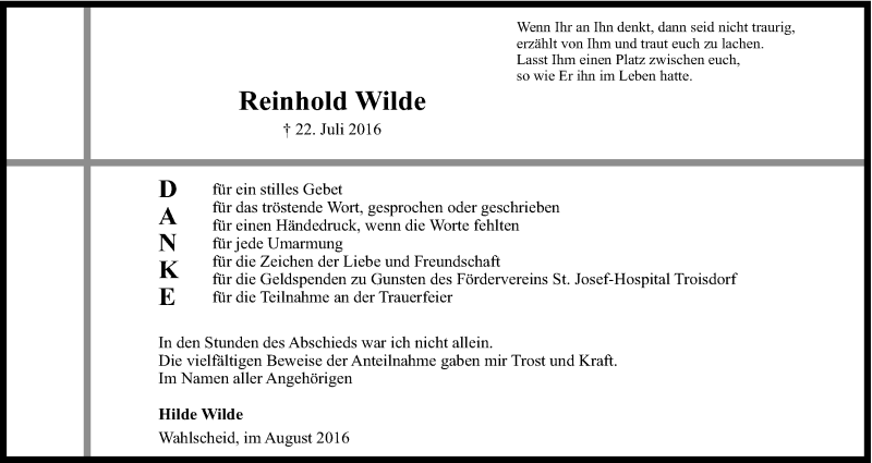  Traueranzeige für Reinhold Wilde vom 27.08.2016 aus Kölner Stadt-Anzeiger / Kölnische Rundschau / Express