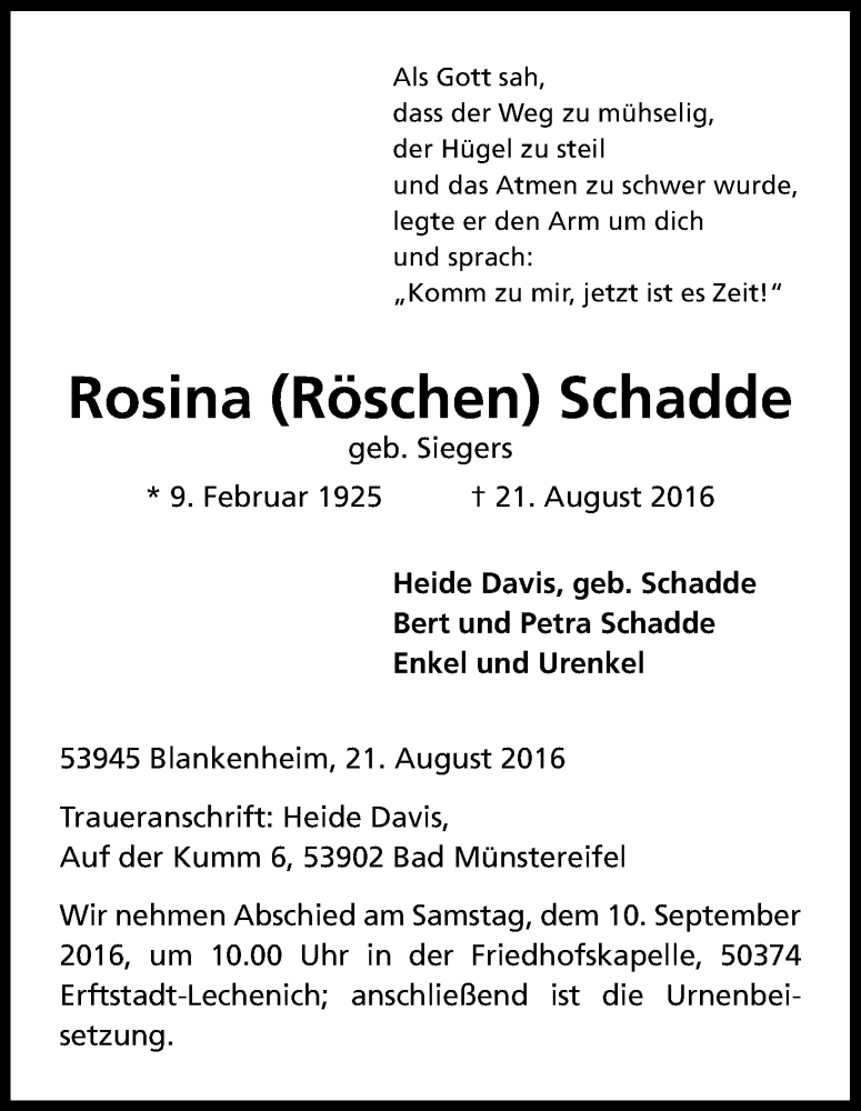  Traueranzeige für Rosina Schadde vom 27.08.2016 aus Kölner Stadt-Anzeiger / Kölnische Rundschau / Express