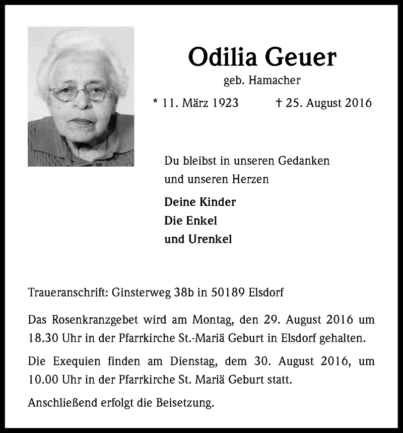  Traueranzeige für Odilie Geuer vom 27.08.2016 aus Kölner Stadt-Anzeiger / Kölnische Rundschau / Express