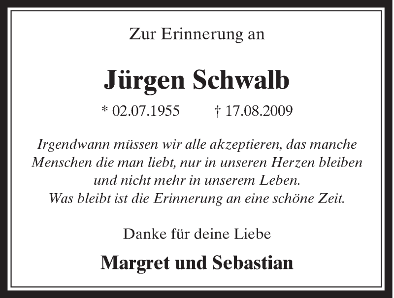  Traueranzeige für Jürgen Schwalb vom 24.08.2016 aus  Schaufenster/Blickpunkt 