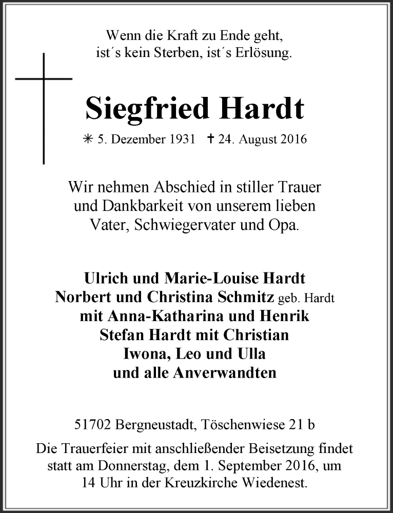  Traueranzeige für Siegfried Hardt vom 31.08.2016 aus  Anzeigen Echo 