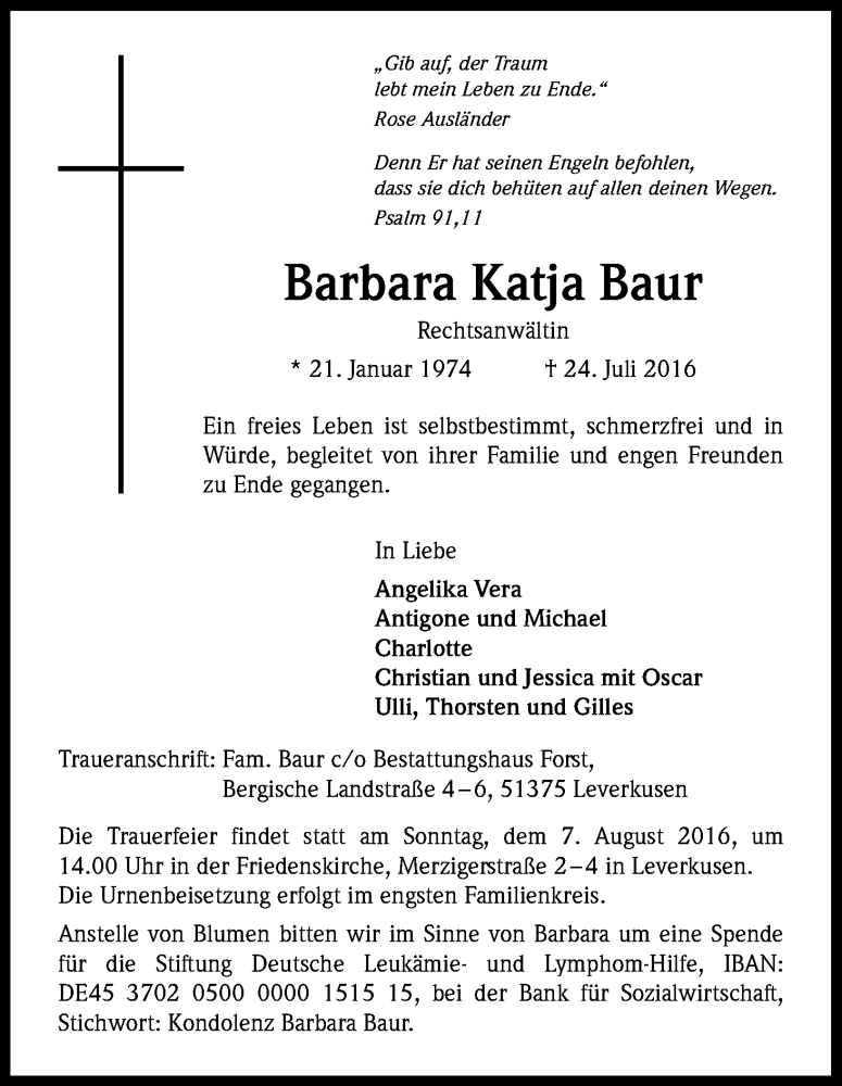  Traueranzeige für Barbara Katja Baur vom 02.08.2016 aus Kölner Stadt-Anzeiger / Kölnische Rundschau / Express