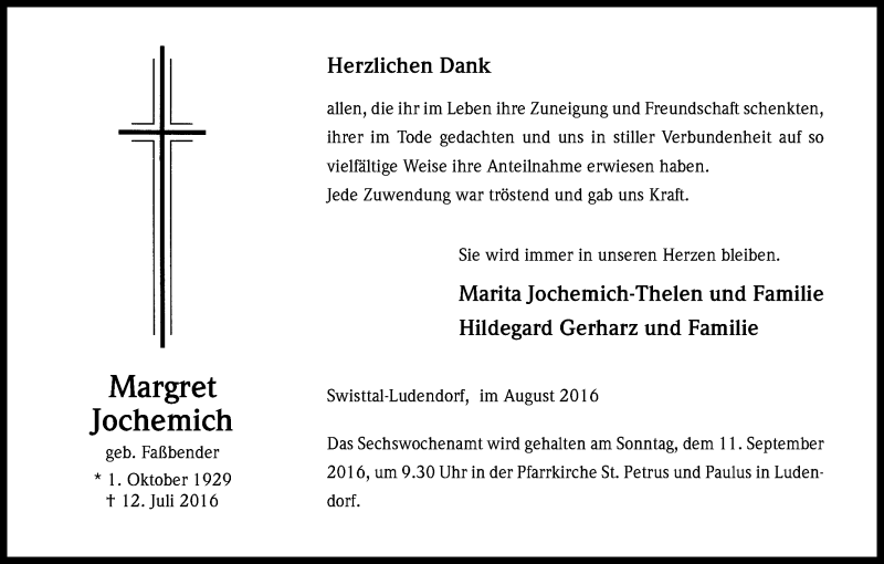  Traueranzeige für Margret Jochemich vom 27.08.2016 aus Kölner Stadt-Anzeiger / Kölnische Rundschau / Express