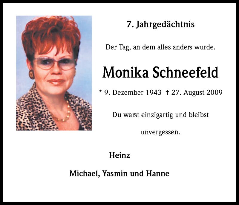  Traueranzeige für Monika Schneefeld vom 27.08.2016 aus Kölner Stadt-Anzeiger / Kölnische Rundschau / Express