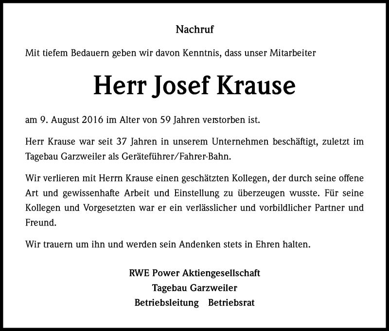  Traueranzeige für Josef Krause vom 24.08.2016 aus Kölner Stadt-Anzeiger / Kölnische Rundschau / Express