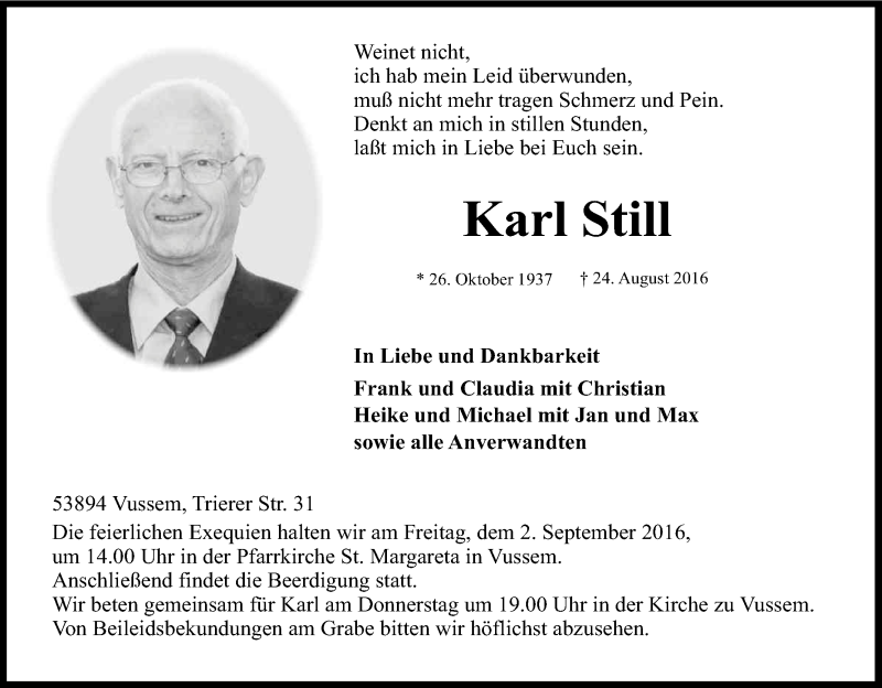  Traueranzeige für Karl Still vom 27.08.2016 aus Kölner Stadt-Anzeiger / Kölnische Rundschau / Express