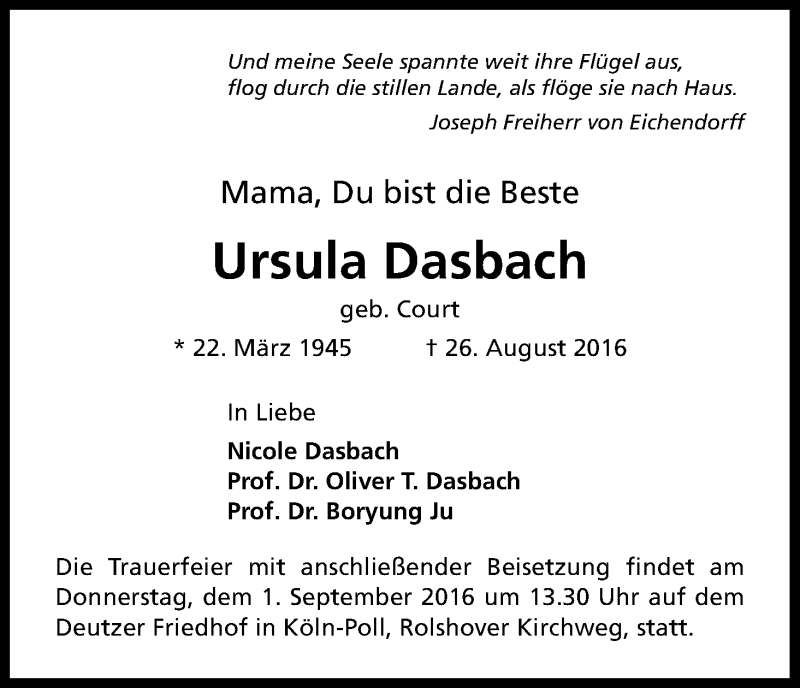 Traueranzeige für Ursula Dasbach vom 30.08.2016 aus Kölner Stadt-Anzeiger / Kölnische Rundschau / Express