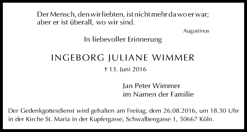  Traueranzeige für Ingeborg Juliane Wimmer vom 24.08.2016 aus Kölner Stadt-Anzeiger / Kölnische Rundschau / Express