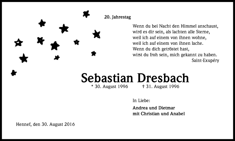  Traueranzeige für Sebastian Dresbach vom 30.08.2016 aus Kölner Stadt-Anzeiger / Kölnische Rundschau / Express