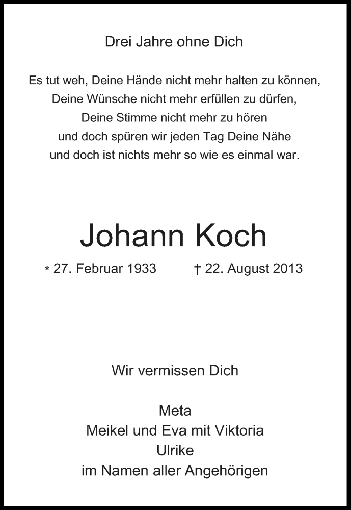  Traueranzeige für Johann Koch vom 27.08.2016 aus Kölner Stadt-Anzeiger / Kölnische Rundschau / Express