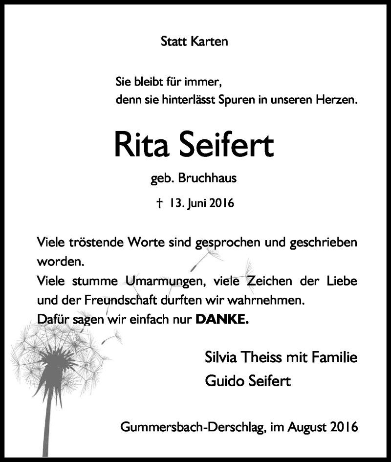  Traueranzeige für Rita Seifert vom 10.08.2016 aus Kölner Stadt-Anzeiger / Kölnische Rundschau / Express