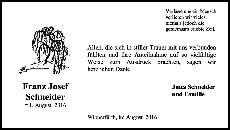  Traueranzeige für Franz Josef Schneider vom 29.08.2016 aus Kölner Stadt-Anzeiger / Kölnische Rundschau / Express