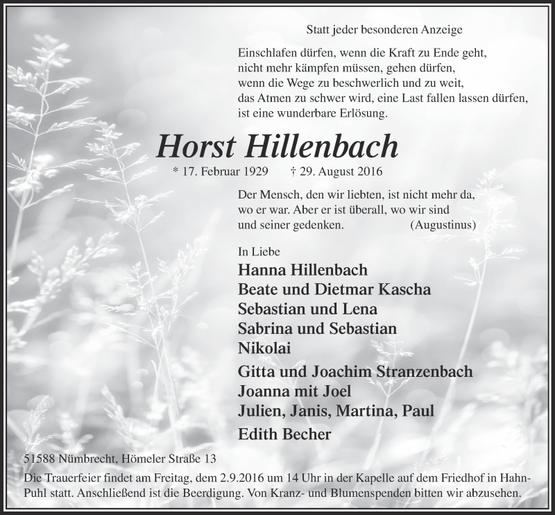  Traueranzeige für Horst Hillenbach vom 31.08.2016 aus  Lokalanzeiger 