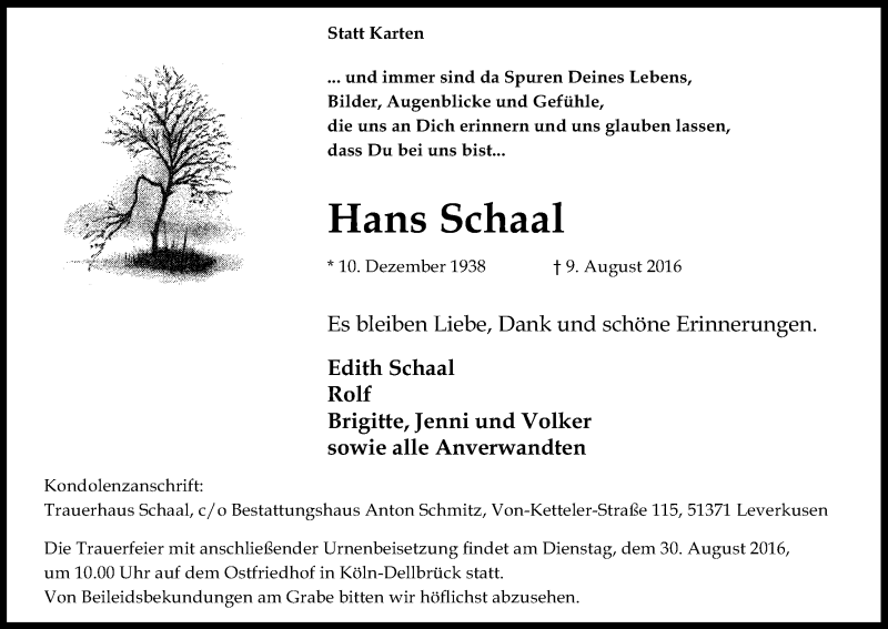  Traueranzeige für Hans Schaal vom 24.08.2016 aus Kölner Stadt-Anzeiger / Kölnische Rundschau / Express