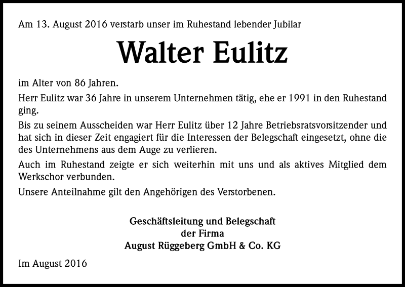  Traueranzeige für Walter Eulitz vom 30.08.2016 aus Kölner Stadt-Anzeiger / Kölnische Rundschau / Express