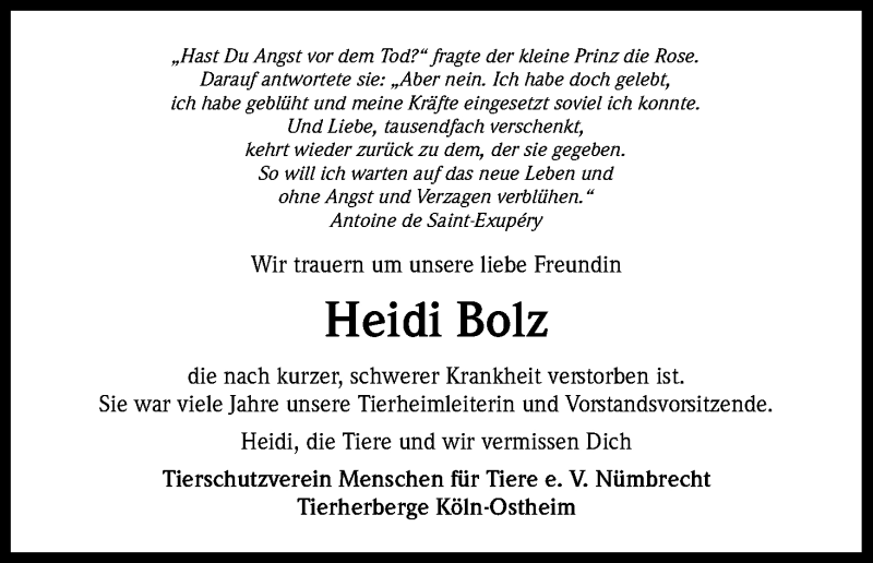  Traueranzeige für Heidi Bolz vom 12.08.2016 aus Kölner Stadt-Anzeiger / Kölnische Rundschau / Express