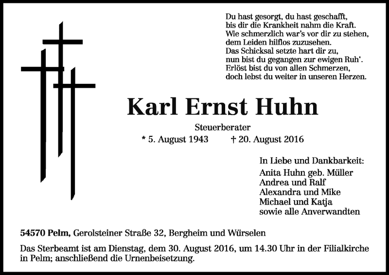  Traueranzeige für Karl Ernst Huhn vom 25.08.2016 aus Kölner Stadt-Anzeiger / Kölnische Rundschau / Express