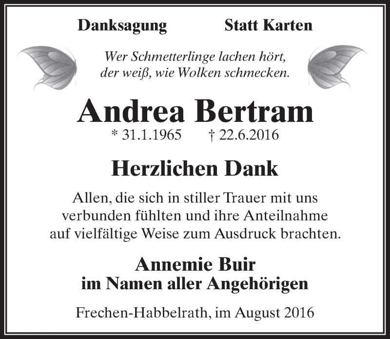  Traueranzeige für Andrea Bertram vom 10.08.2016 aus  Wochenende  Werbepost 