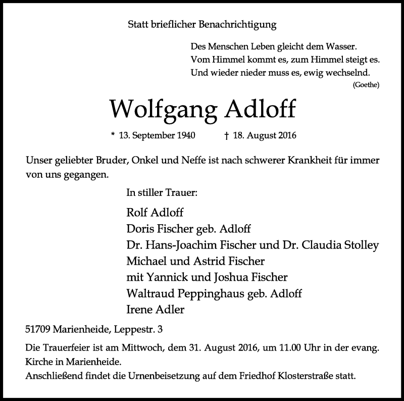  Traueranzeige für Wolfgang Adloff vom 26.08.2016 aus Kölner Stadt-Anzeiger / Kölnische Rundschau / Express