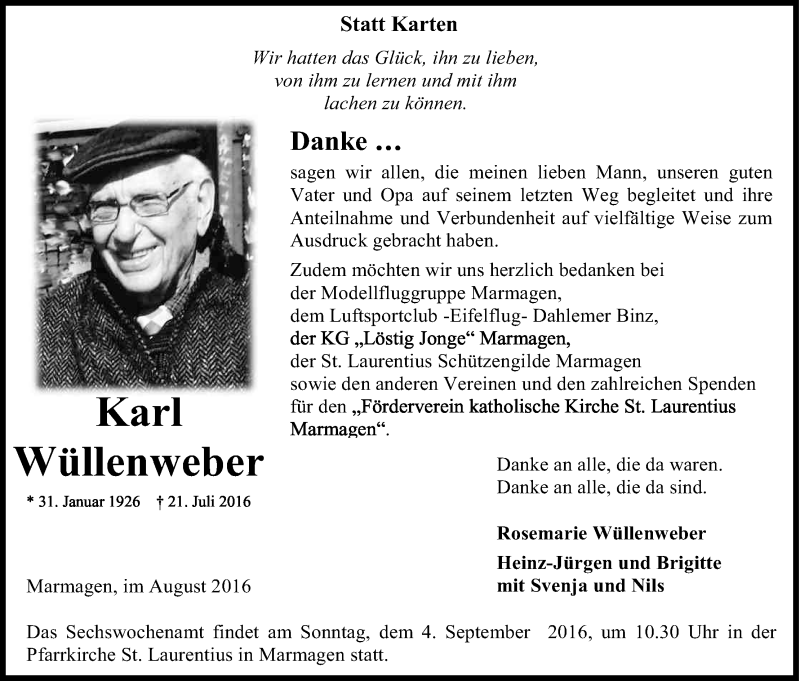  Traueranzeige für Karl Wüllenweber vom 24.08.2016 aus Kölner Stadt-Anzeiger / Kölnische Rundschau / Express