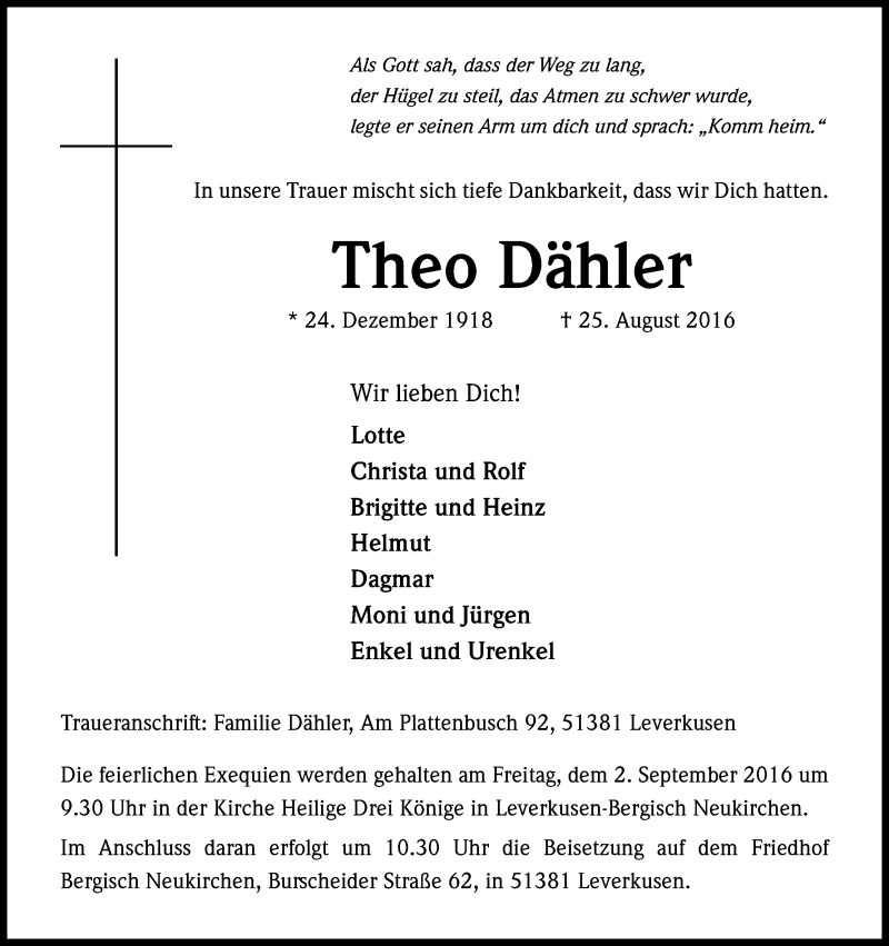  Traueranzeige für Theo Dähler vom 30.08.2016 aus Kölner Stadt-Anzeiger / Kölnische Rundschau / Express