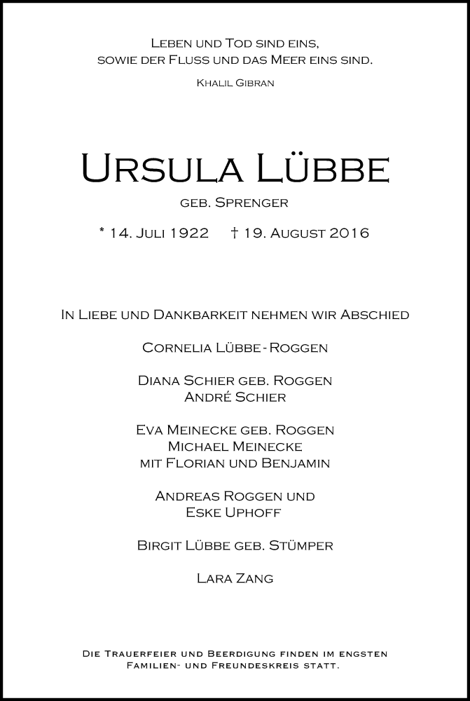  Traueranzeige für Ursula Lübbe vom 24.08.2016 aus Kölner Stadt-Anzeiger / Kölnische Rundschau / Express