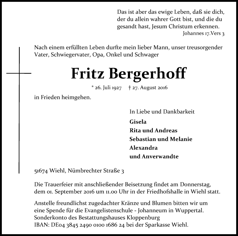  Traueranzeige für Fritz Bergerhoff vom 30.08.2016 aus Kölner Stadt-Anzeiger / Kölnische Rundschau / Express