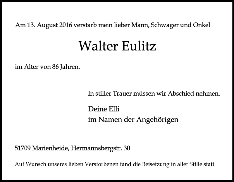 Traueranzeige für Walter Eulitz vom 26.08.2016 aus Kölner Stadt-Anzeiger / Kölnische Rundschau / Express