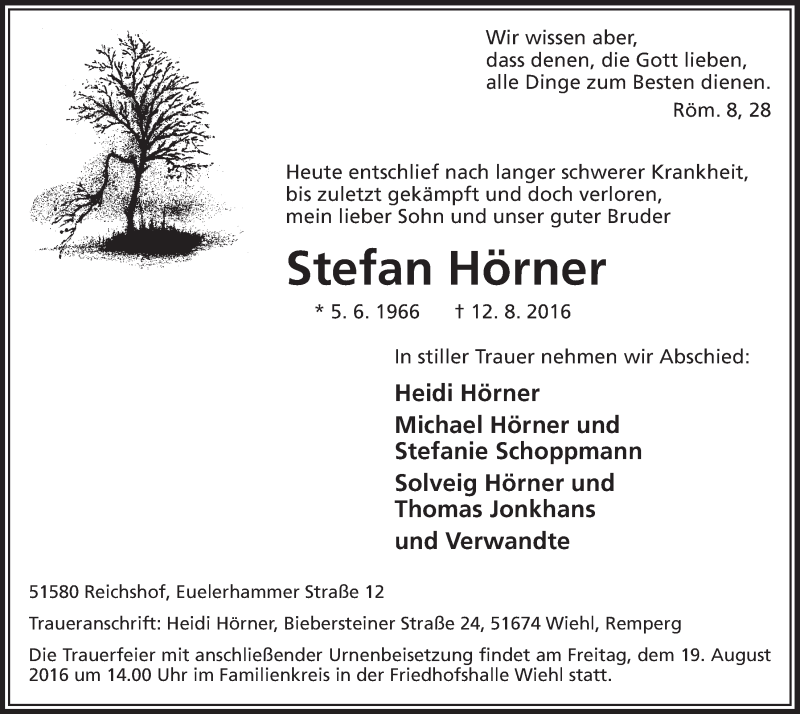 Traueranzeige für Stefan Hörner vom 17.08.2016 aus  Anzeigen Echo 