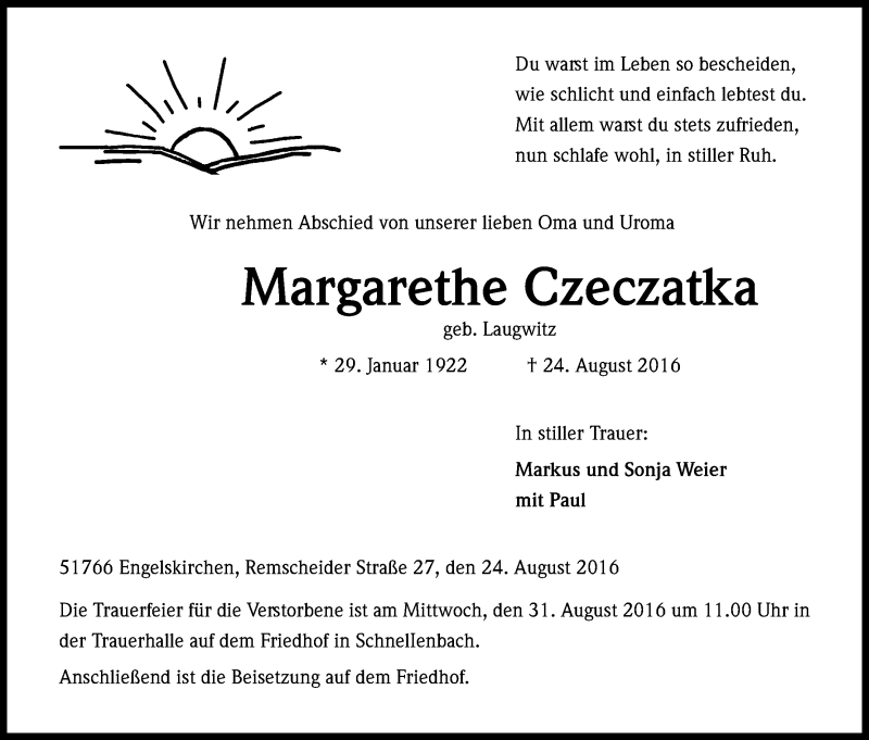  Traueranzeige für Margarethe Czeczatka vom 29.08.2016 aus Kölner Stadt-Anzeiger / Kölnische Rundschau / Express
