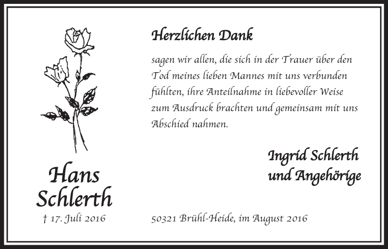  Traueranzeige für Hans Schlerth vom 17.08.2016 aus  Schlossbote/Werbekurier 