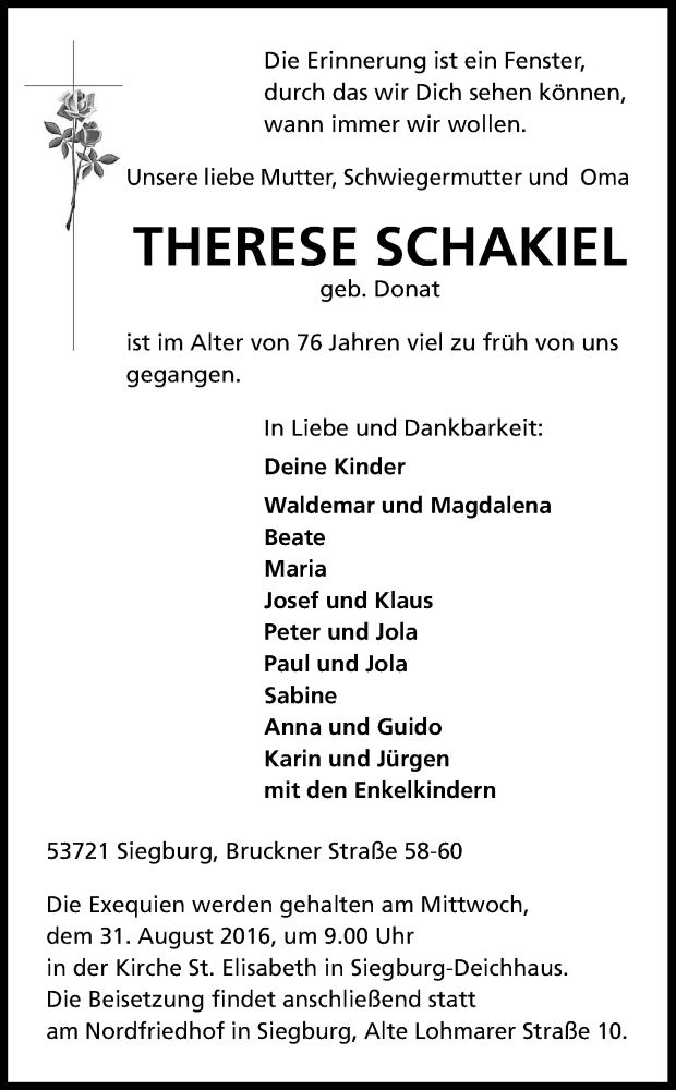  Traueranzeige für Therese Schakiel vom 27.08.2016 aus Kölner Stadt-Anzeiger / Kölnische Rundschau / Express