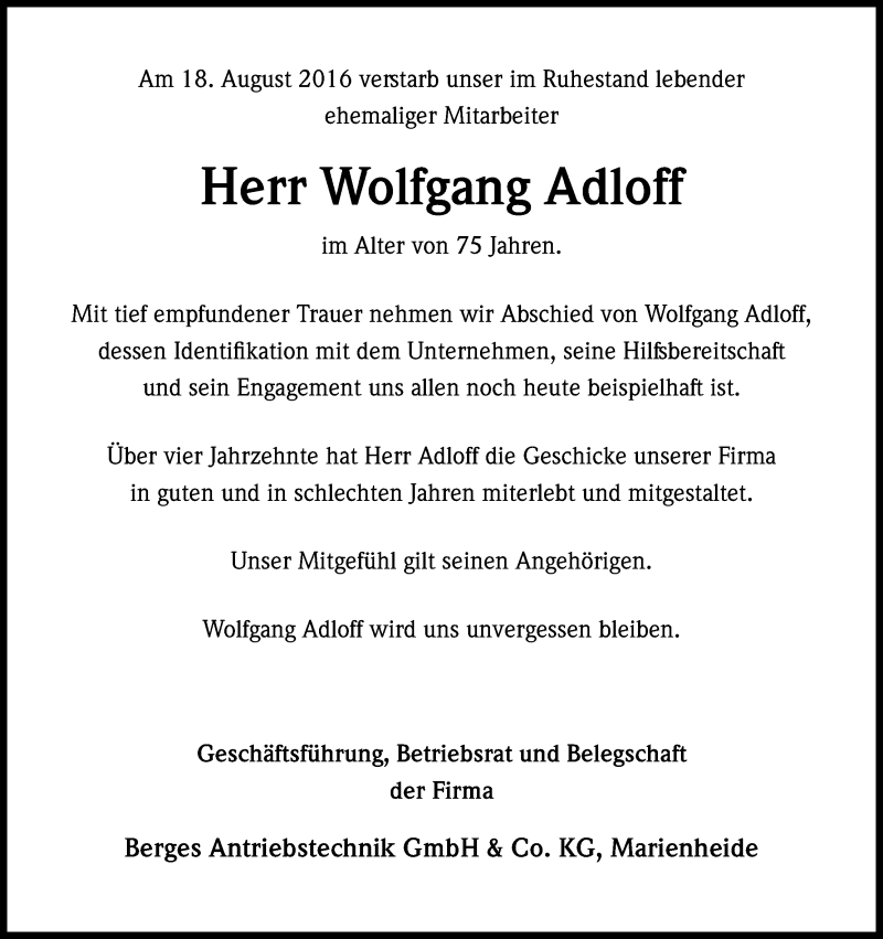  Traueranzeige für Wolfgang Adloff vom 29.08.2016 aus Kölner Stadt-Anzeiger / Kölnische Rundschau / Express