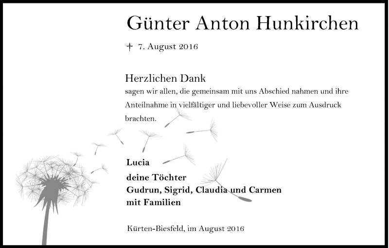 Traueranzeige für Günter Anton Hunkirchen vom 24.08.2016 aus Kölner Stadt-Anzeiger / Kölnische Rundschau / Express